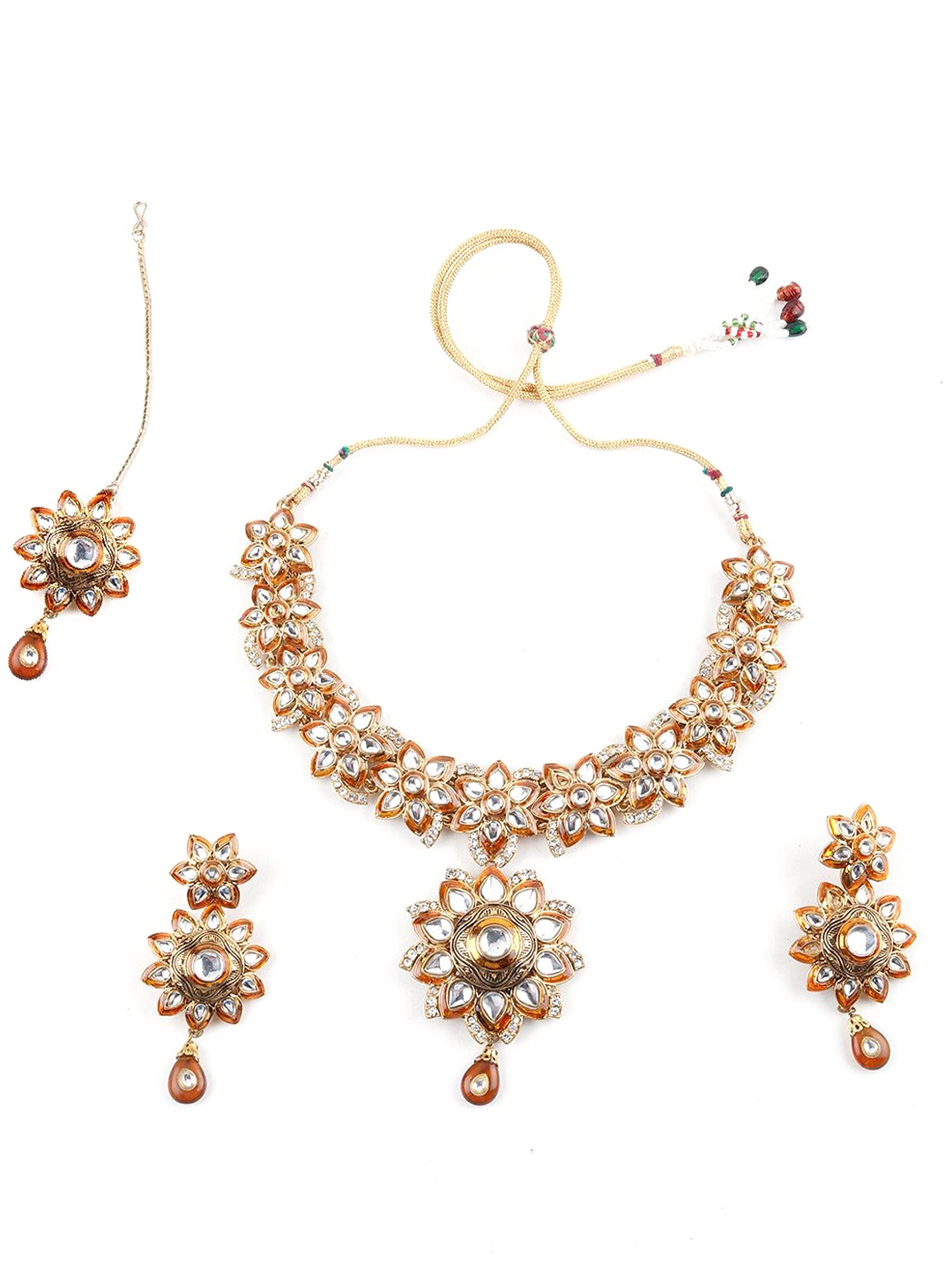 

ODETTE Gold-Toned Kundan Studded Necklace & Earring Set, Orange