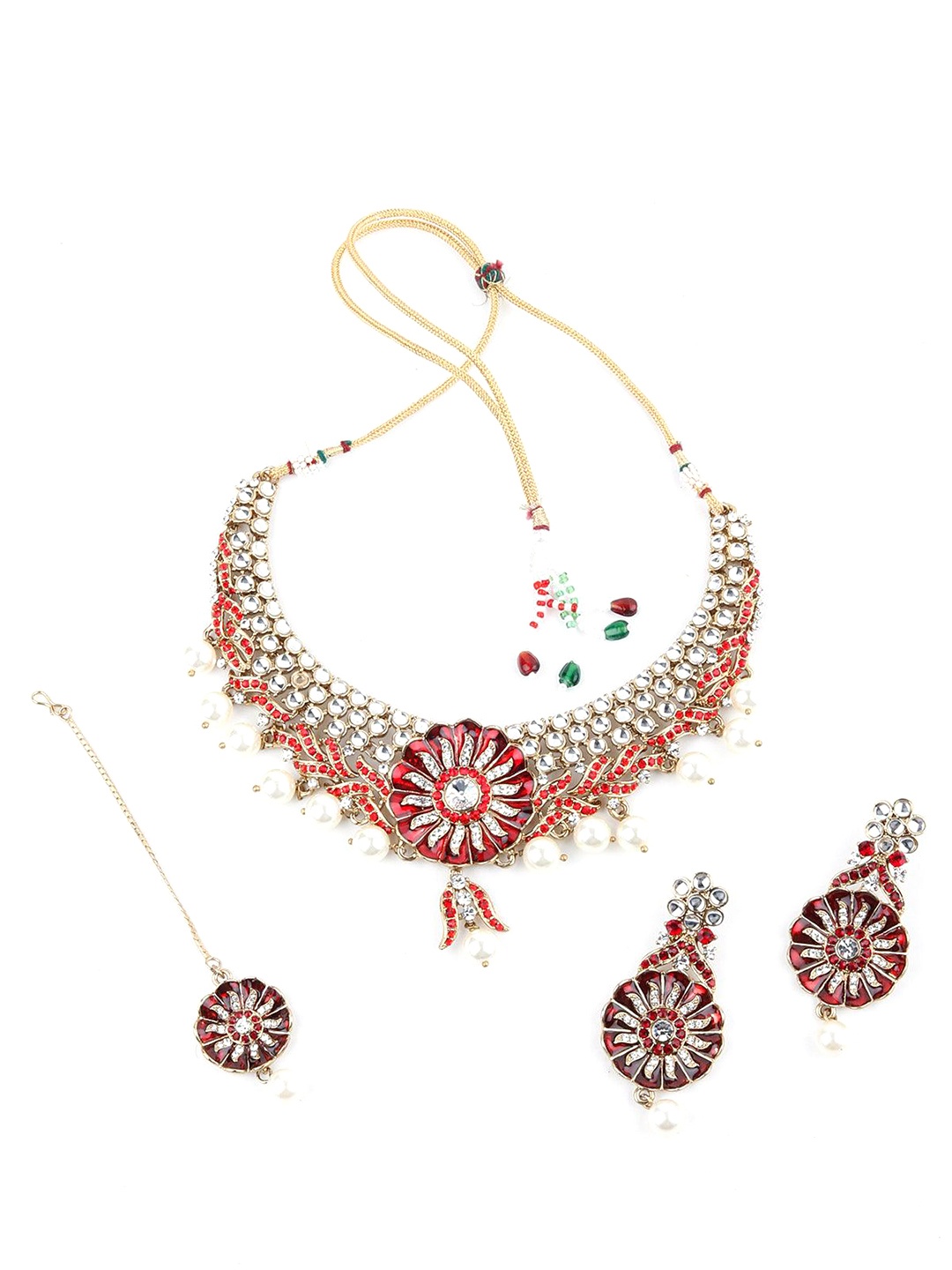ODETTE Gold-Toned Stoned Studded Necklace & Earring Set, Red