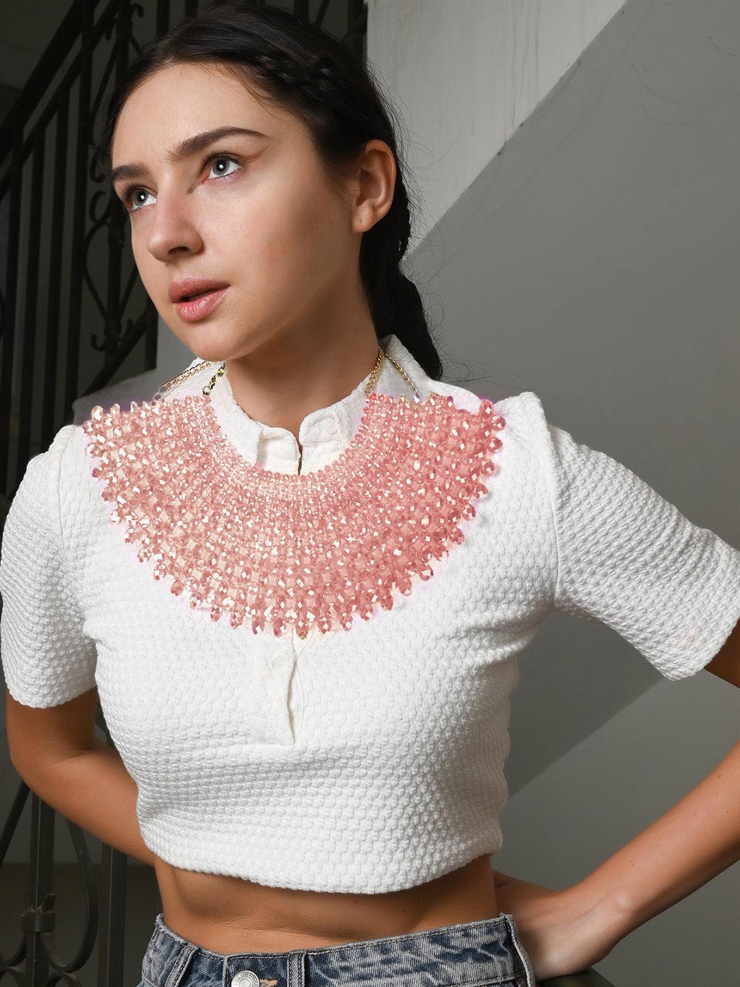 ODETTE Artificial Beads Alloy Necklace, Peach