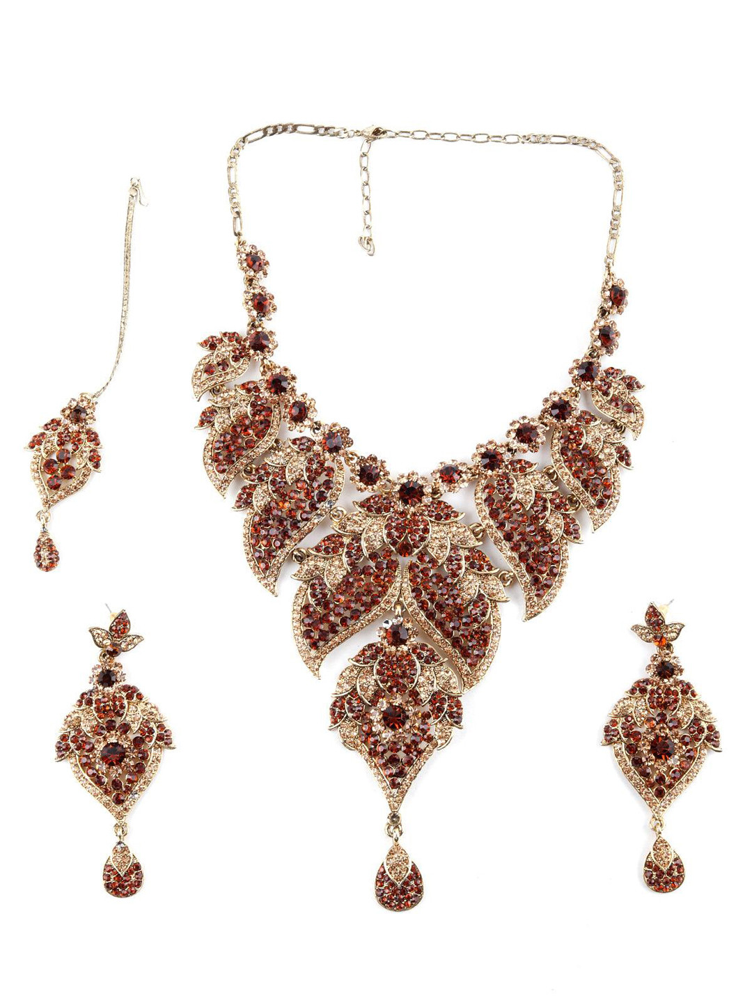 

ODETTE Stone Studded Necklace & Earrings Set With Maang Tika, Gold
