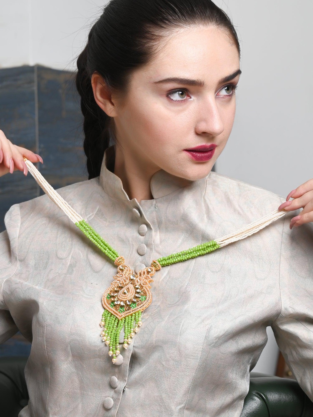 

ODETTE Beaded Necklace & Earrings Set, Green