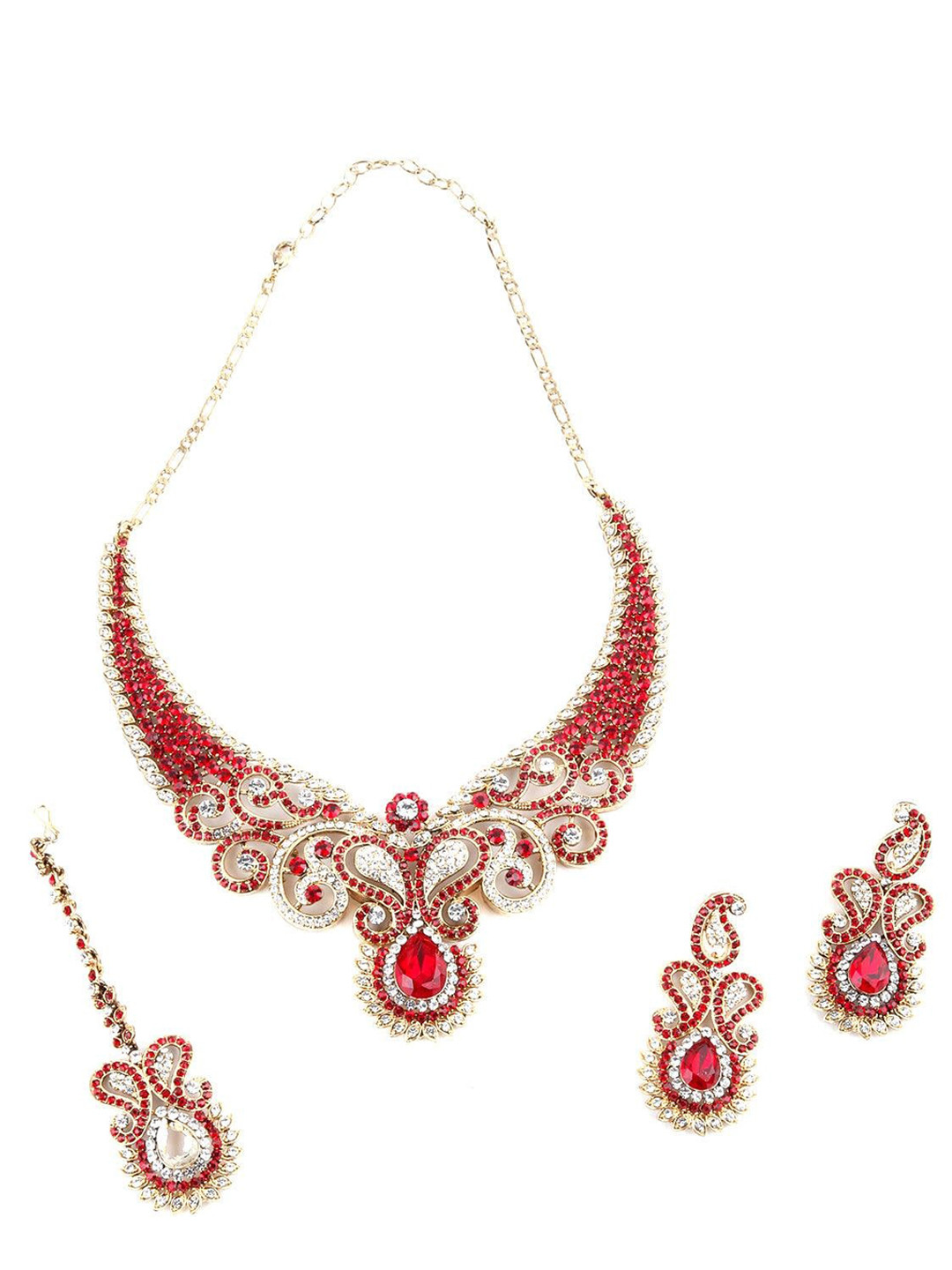 

ODETTE Stoned Studded Necklace & Earrings Set With Maang Tika, Red