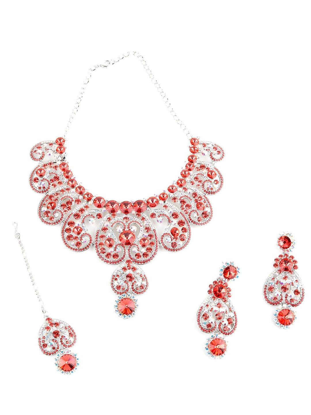 

ODETTE Crystal-Studded Necklace & Earrings Set With Maang Tika, Silver