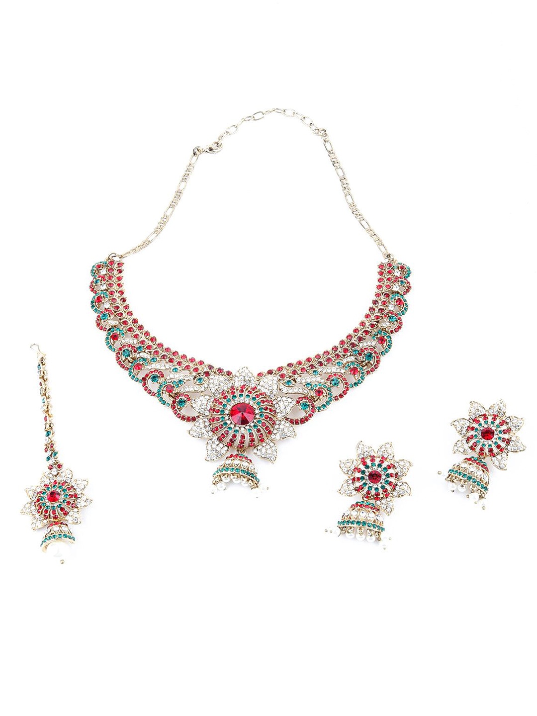 

ODETTE Stoned Studded Necklace & Earrings Set With Maang Tika, Red