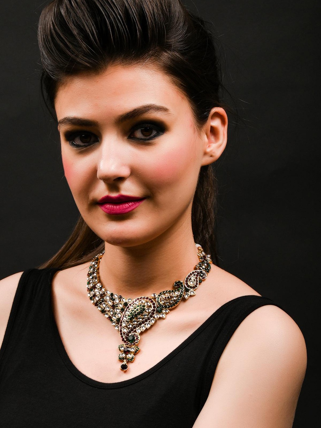 ODETTE Stoned Studded Necklace & Earrings Set With Maang Tika, Green