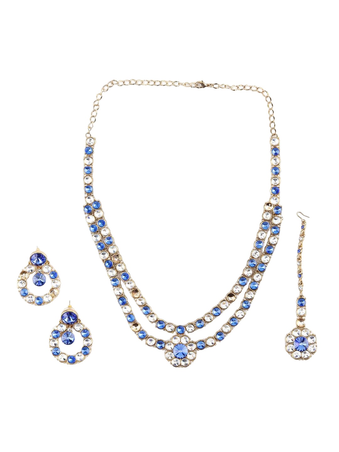 

ODETTE Stoned Studded Necklace & Earrings Set With Maang Tika, Blue