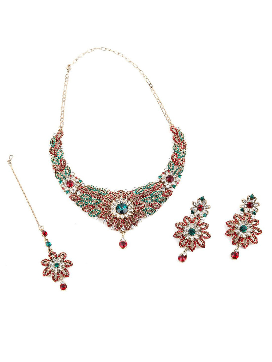 

ODETTE Stone Studded Necklace & Earrings Set With Maang Tika, Red