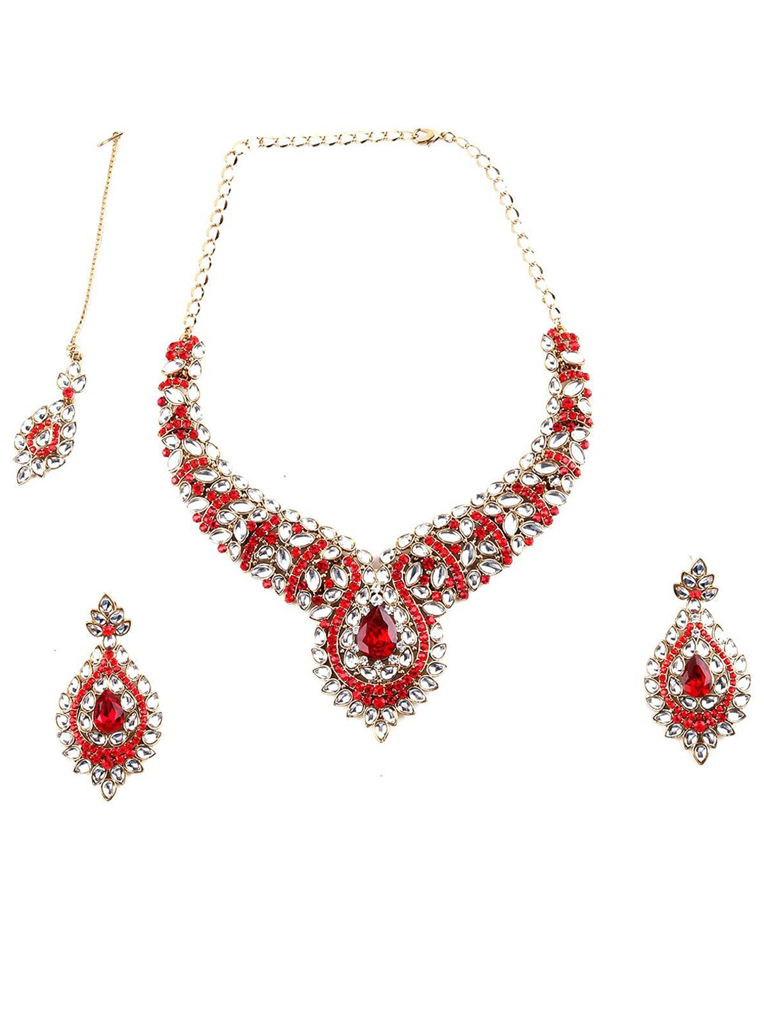 

ODETTE Kundan Studded Necklace & Earrings Set With Maang Tika, Red
