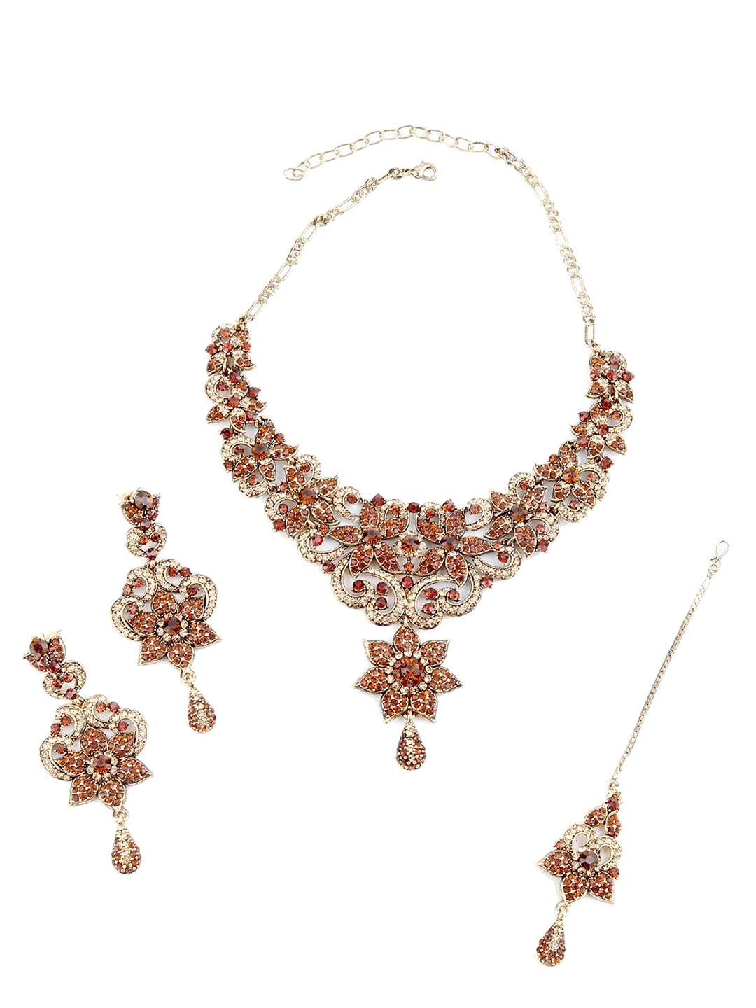 

ODETTE Stone Studded Necklace & Earrings Set With Maang Tika, Brown