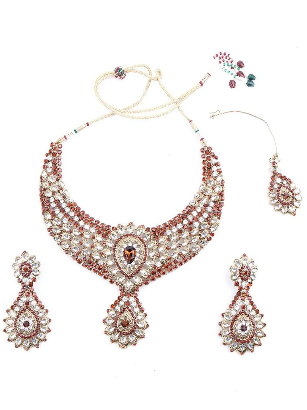 

ODETTE Kundan Studded Necklace & Earrings Set With Maang Tika, Brown