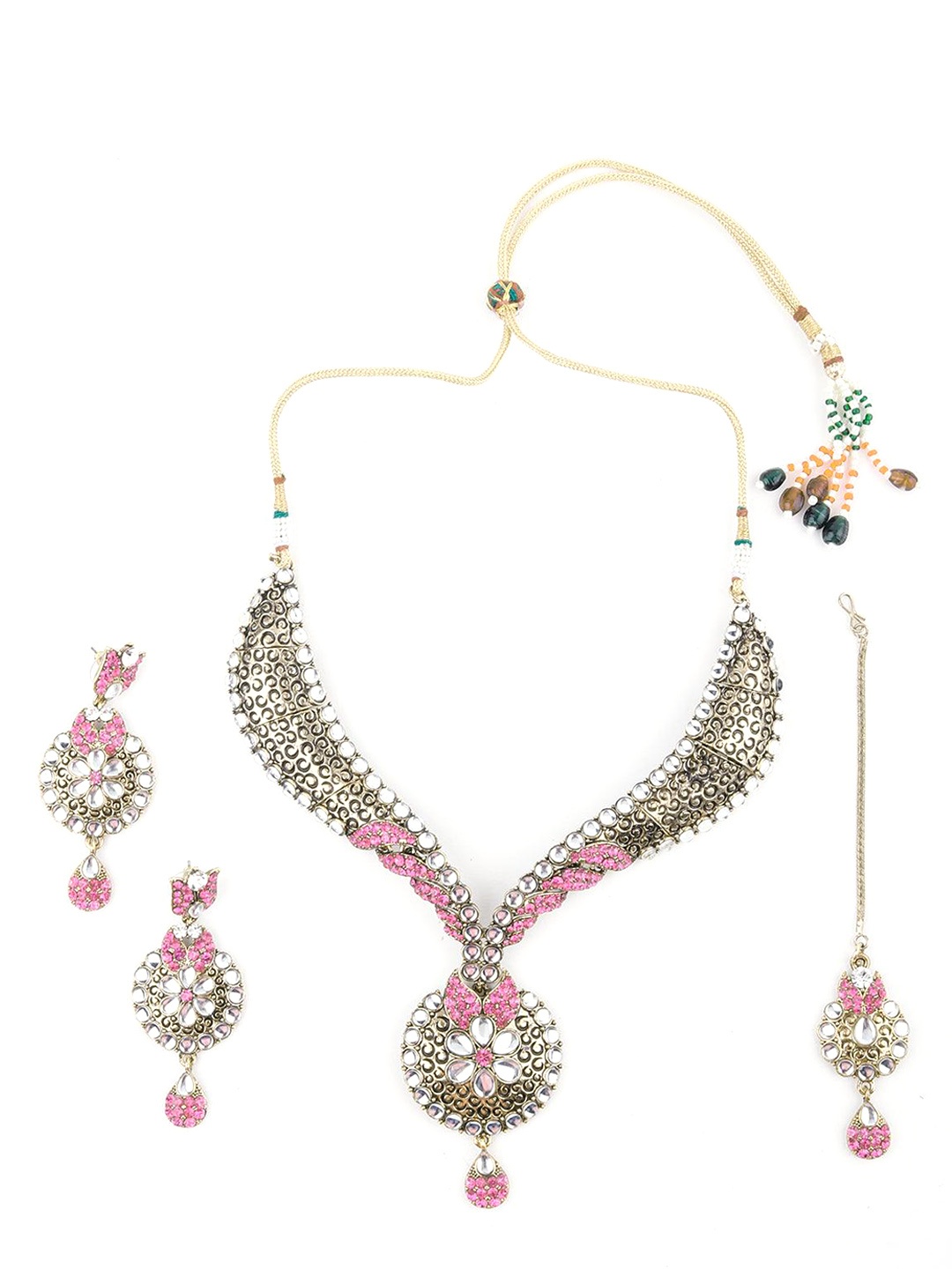 

ODETTE Kundan Studded Necklace & Earrings Set, Pink