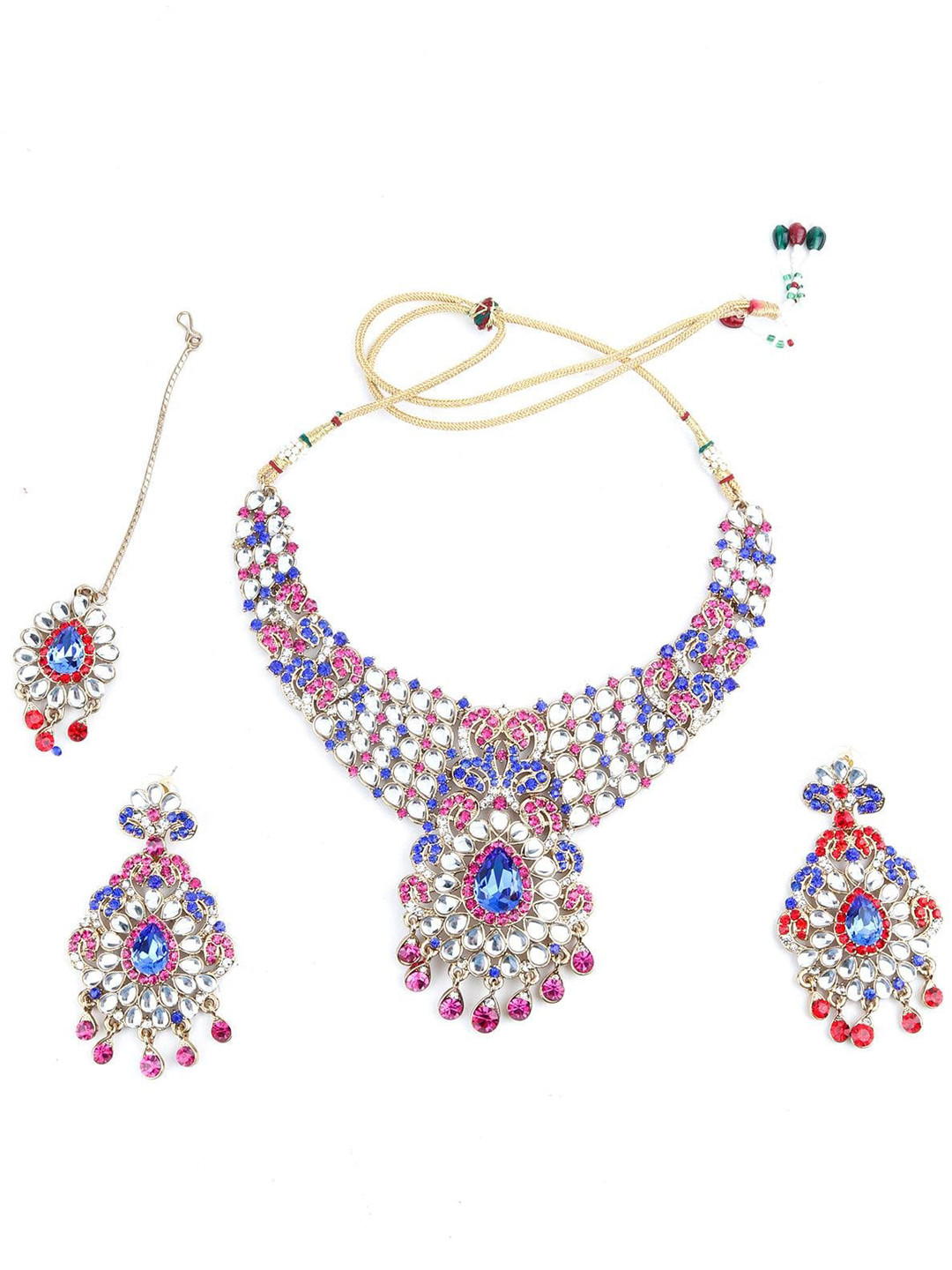 

ODETTE Stone Studded Necklace & Earrings Set With Maang Tika, Blue
