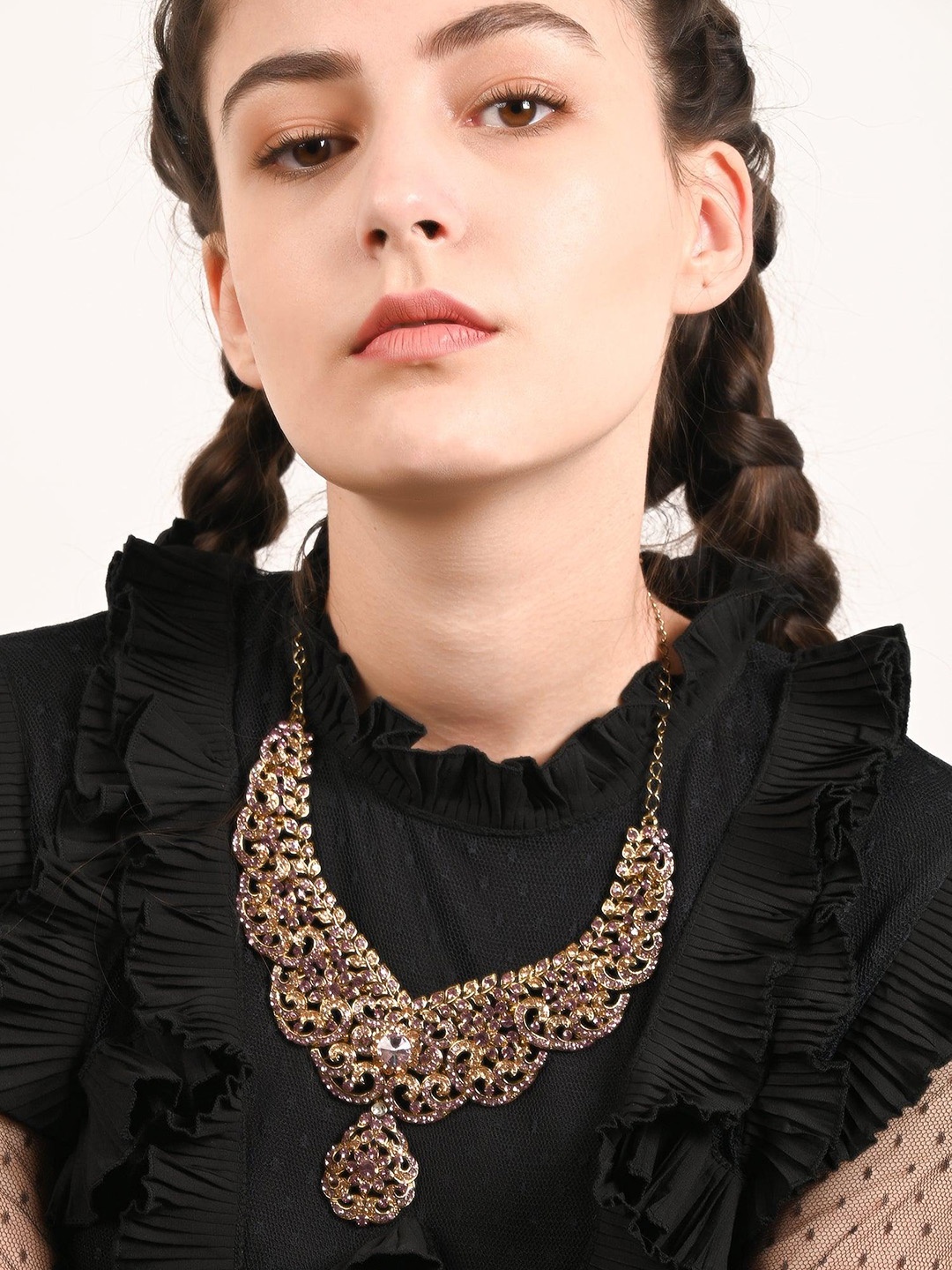 

ODETTE Stone Studded Necklace & Earrings Set, Pink