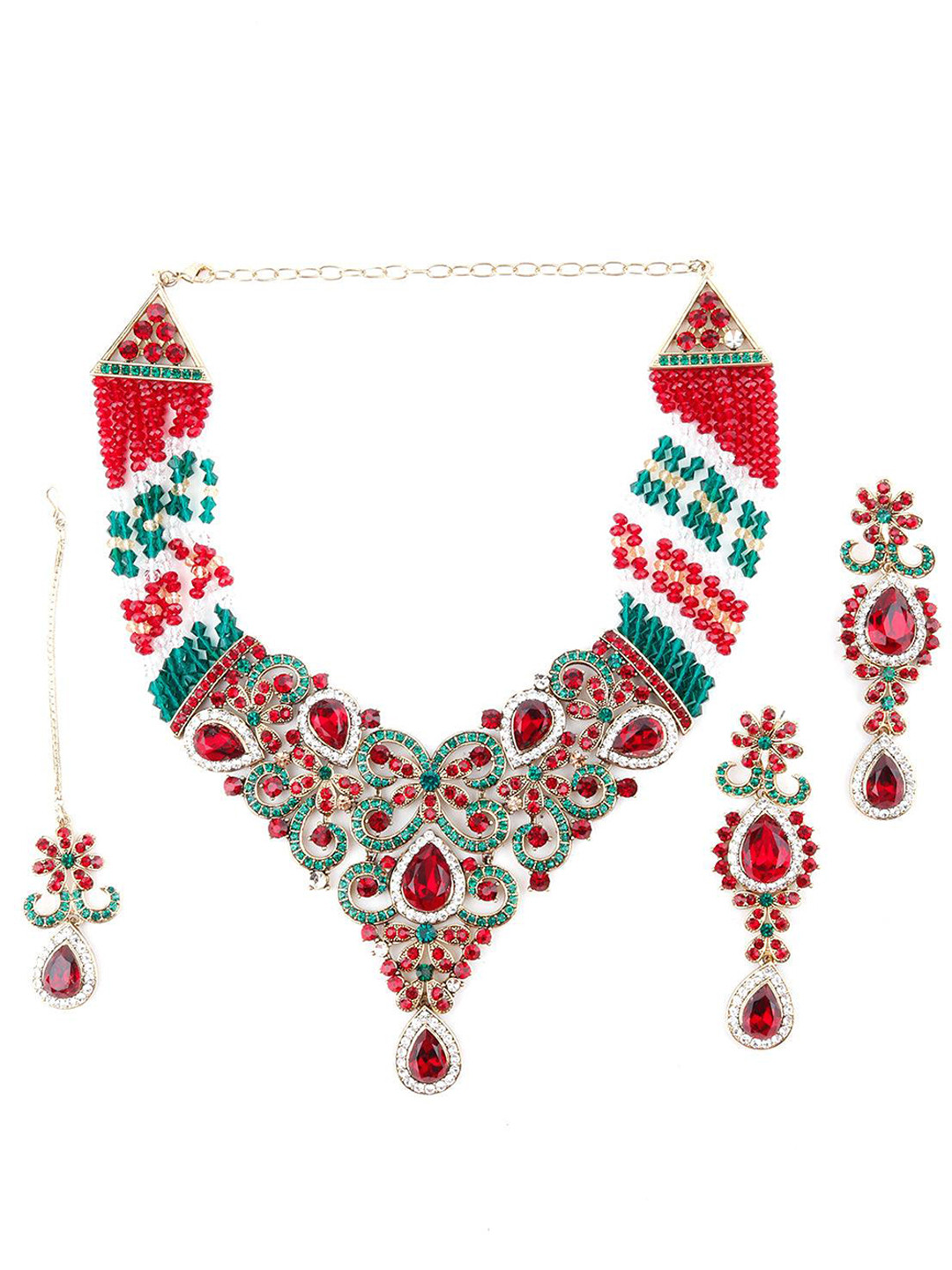 

ODETTE Stone Studded Necklace & Earrings Set With Maang Tika, Red