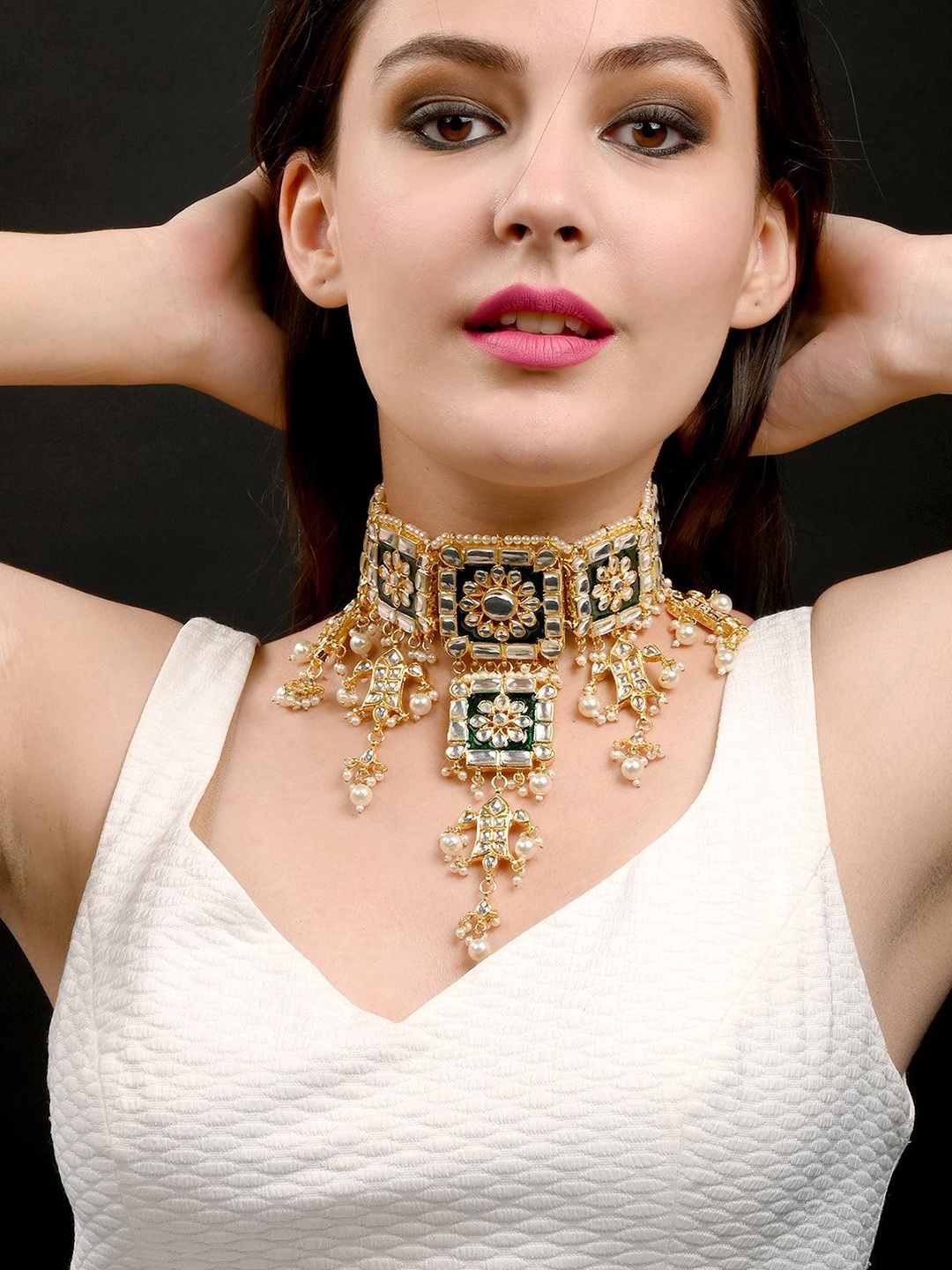 

ODETTE Kundan Studded Necklace & Earrings Set With Maang Tika, Green