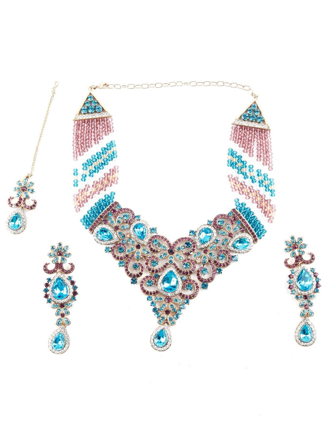 

ODETTE Stone Studded Necklace & Earrings Set With Maang Tika, Blue