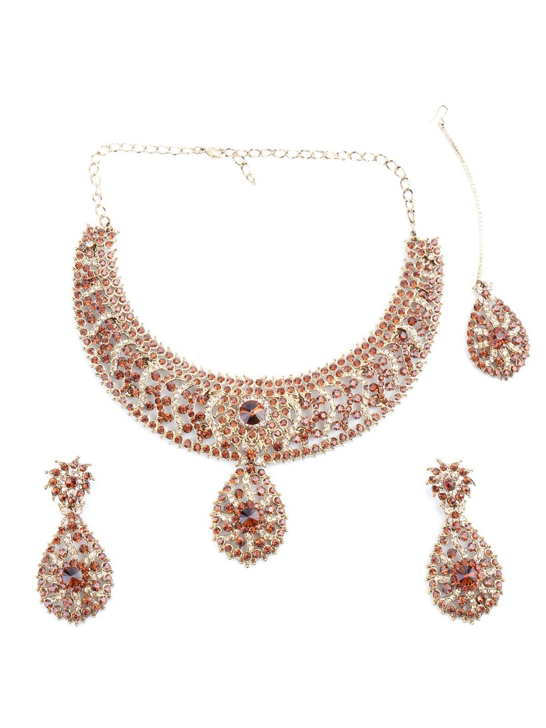 

ODETTE Stone Studded Necklace & Earrings Set With Maang Tika, Gold