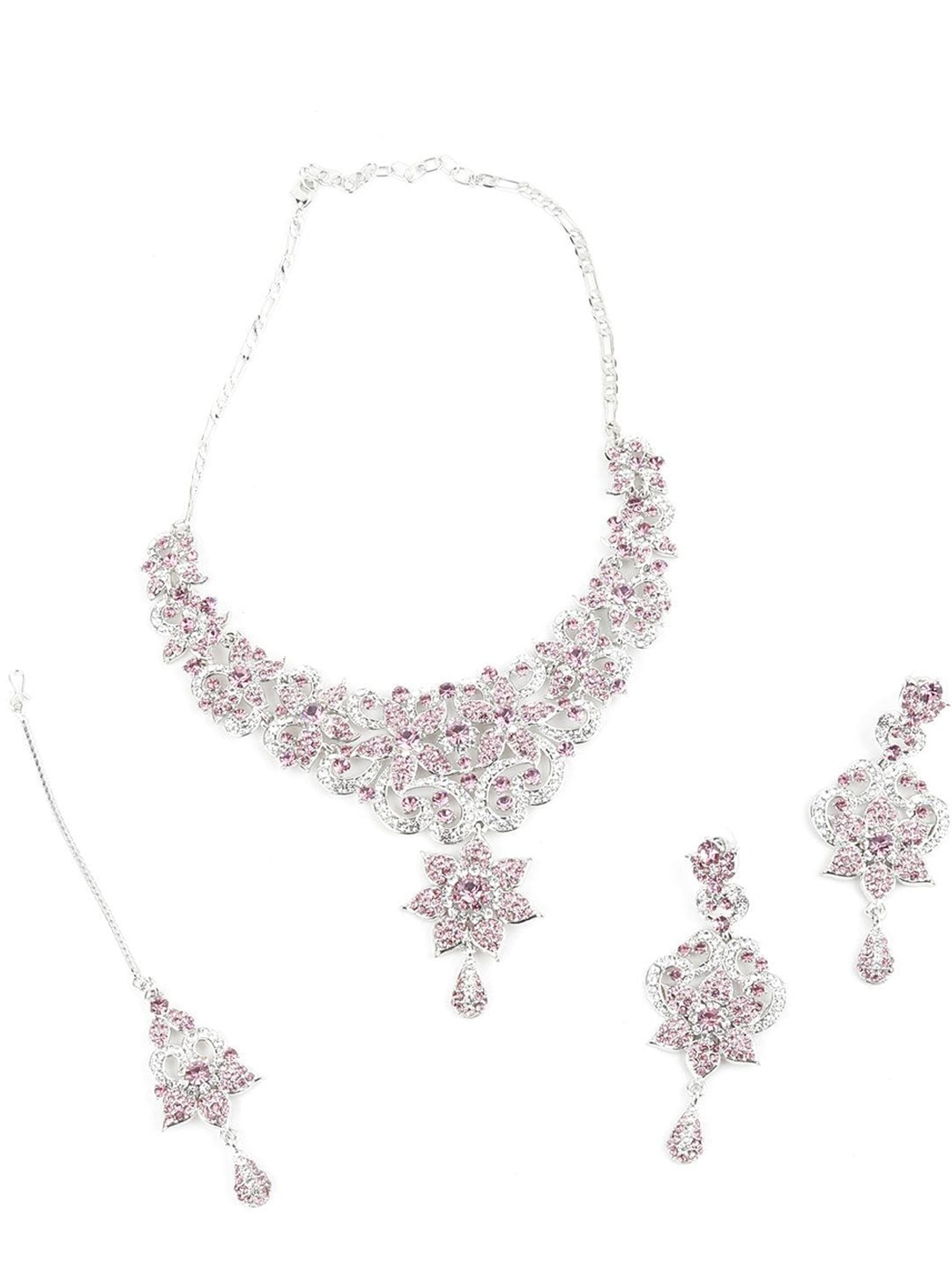 

ODETTE Stone Studded Necklace & Earrings Set With Maang Tika, Mauve