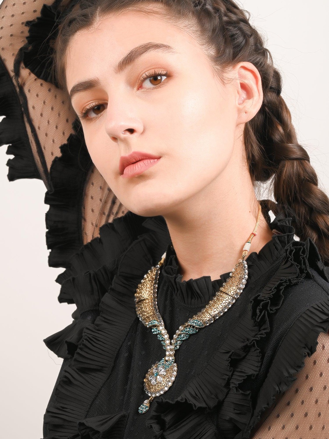 ODETTE Crystal-Studded Necklace & Earrings Set With Maang Tika, Silver