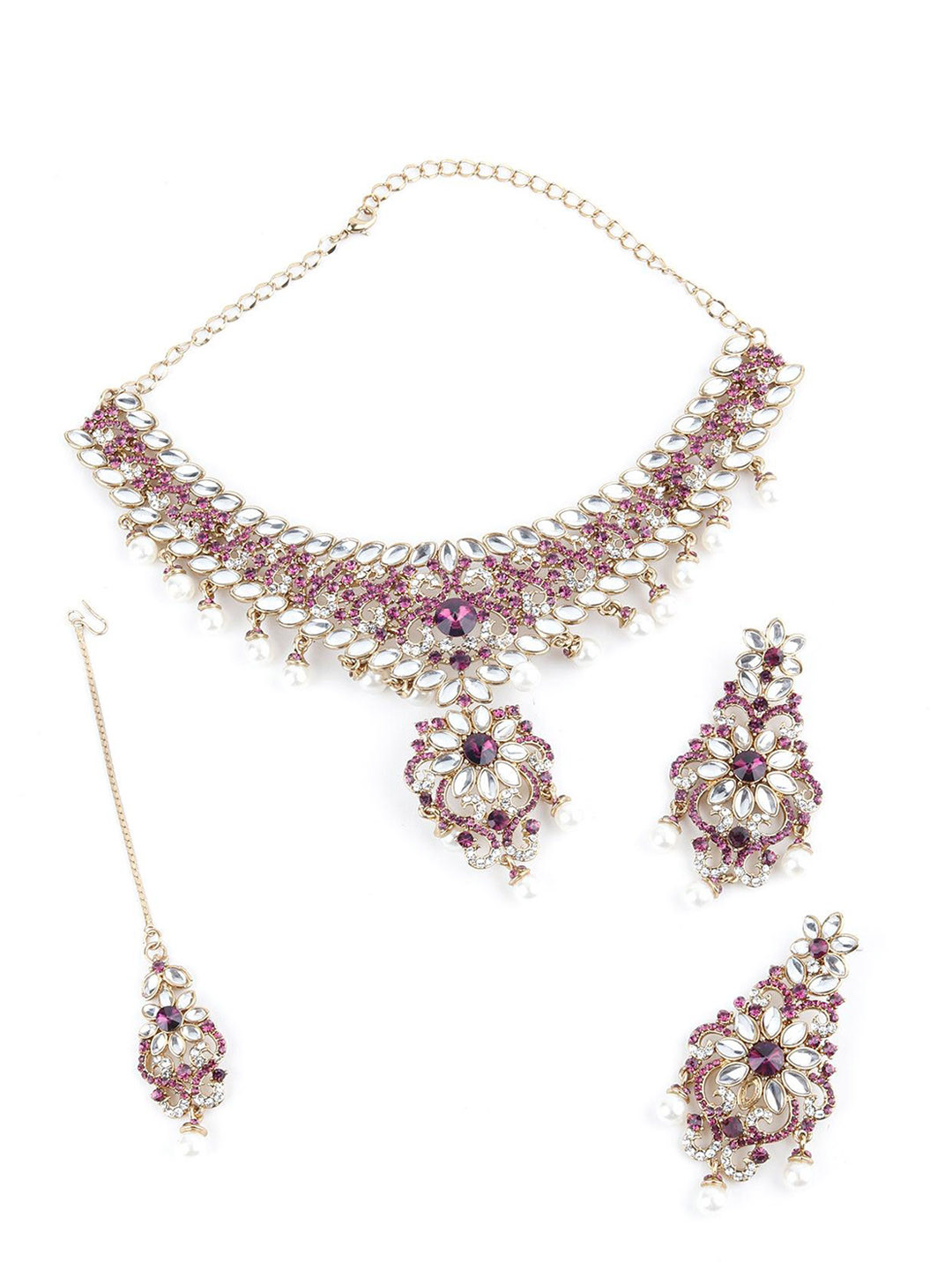 

ODETTE Kundan & Stone-Studded Necklace & Earrings Set With Maang Tika, Silver