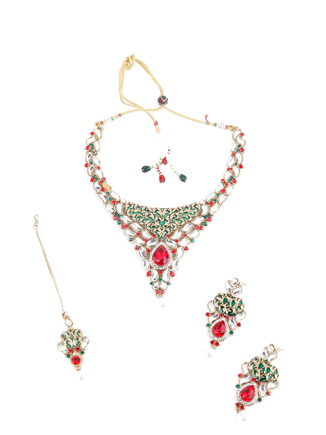 

ODETTE Kundan Studded Necklace & Earrings Set With Maang Tika, Red