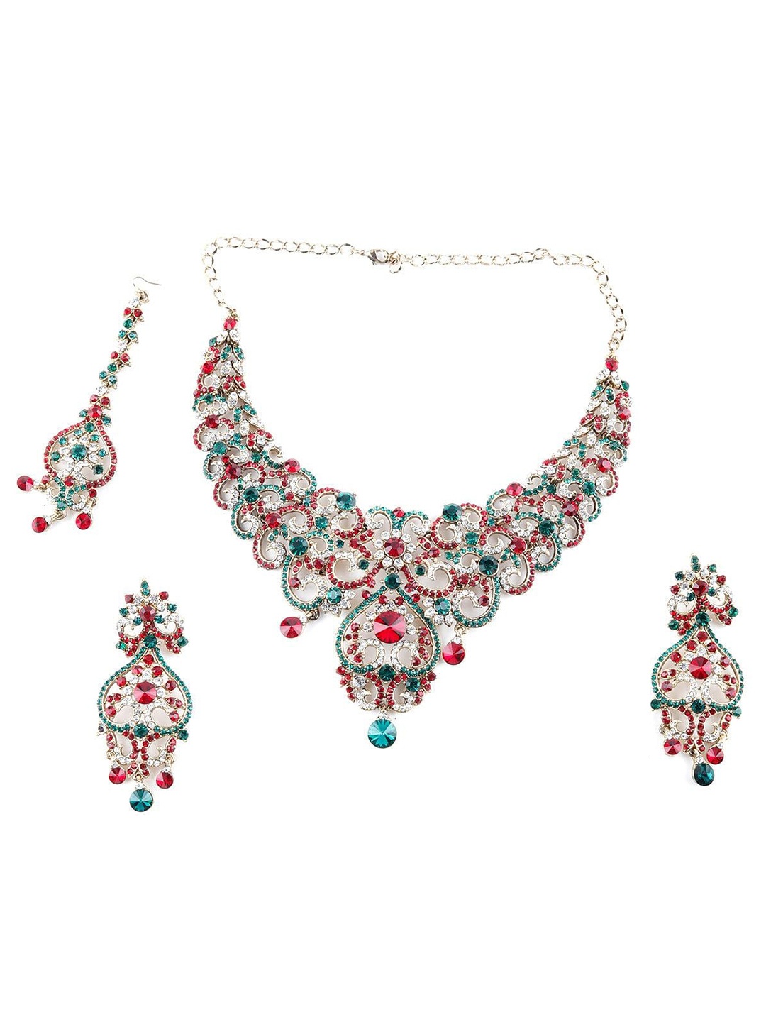 

ODETTE Crystals-Studded Necklace & Earrings Set With Maang Tika, Red