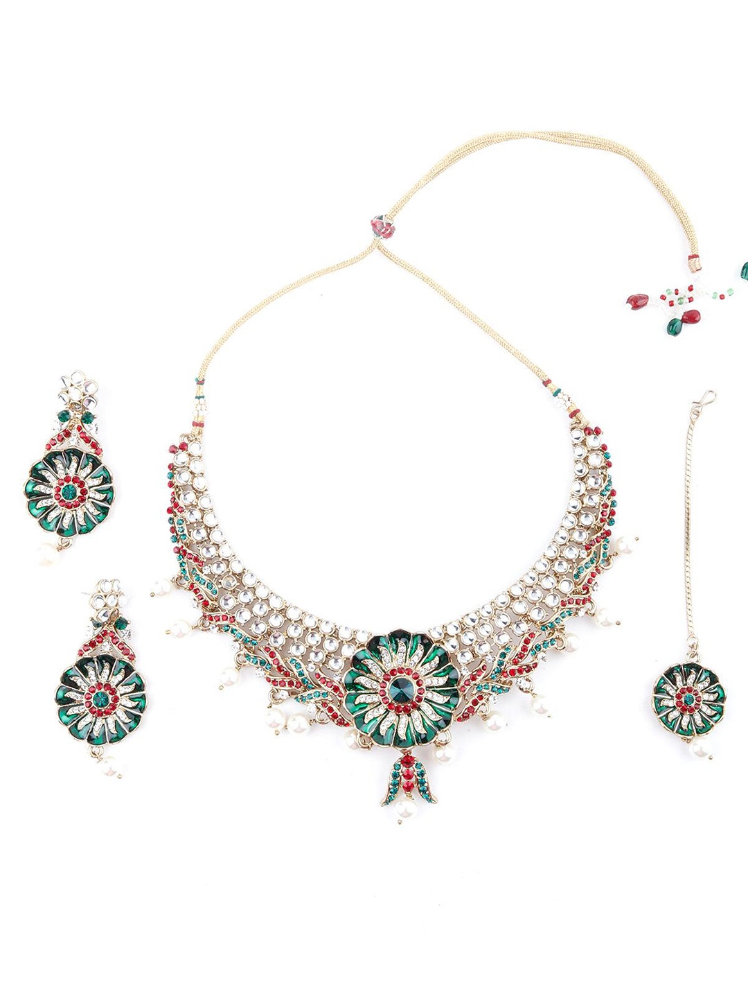 

ODETTE Kundan Studded Necklace & Earrings Set With Maang Tika, Green