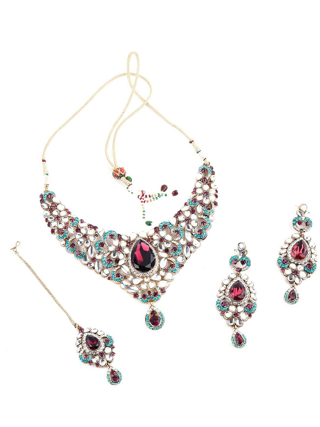 

ODETTE Gold-Plated Kundan-Studded Necklace & Earrings Set With Maang Tika, Purple
