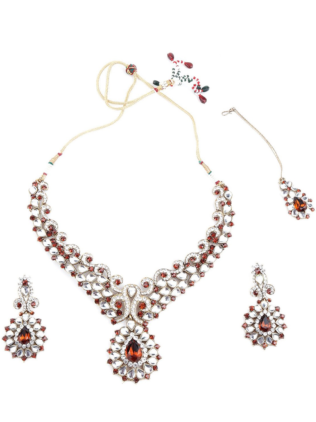 

ODETTE Stone Studded Necklace & Earrings Set With Maang Tika, Brown