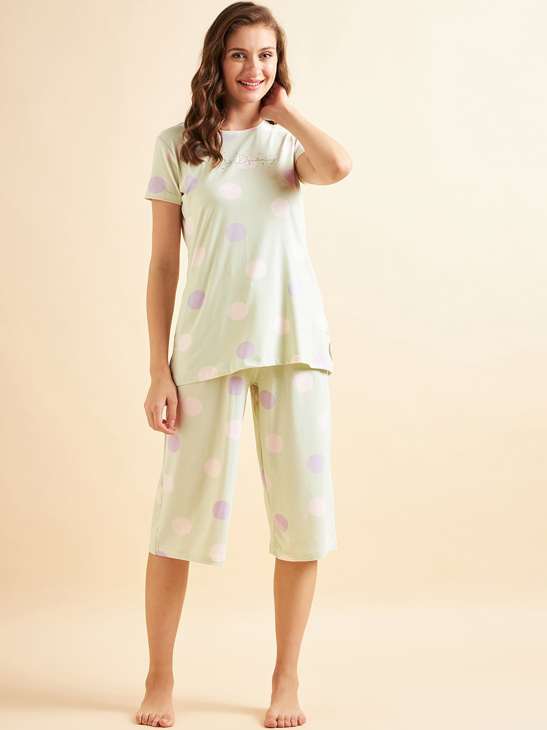

Sweet Dreams Green & Pink Polka Dots Printed Pure Cotton Night Suit