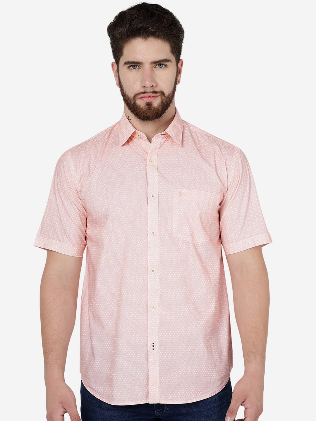 

Greenfibre Micro Ditsy Printed Short Sleeves Cotton Casual Shirt, Orange