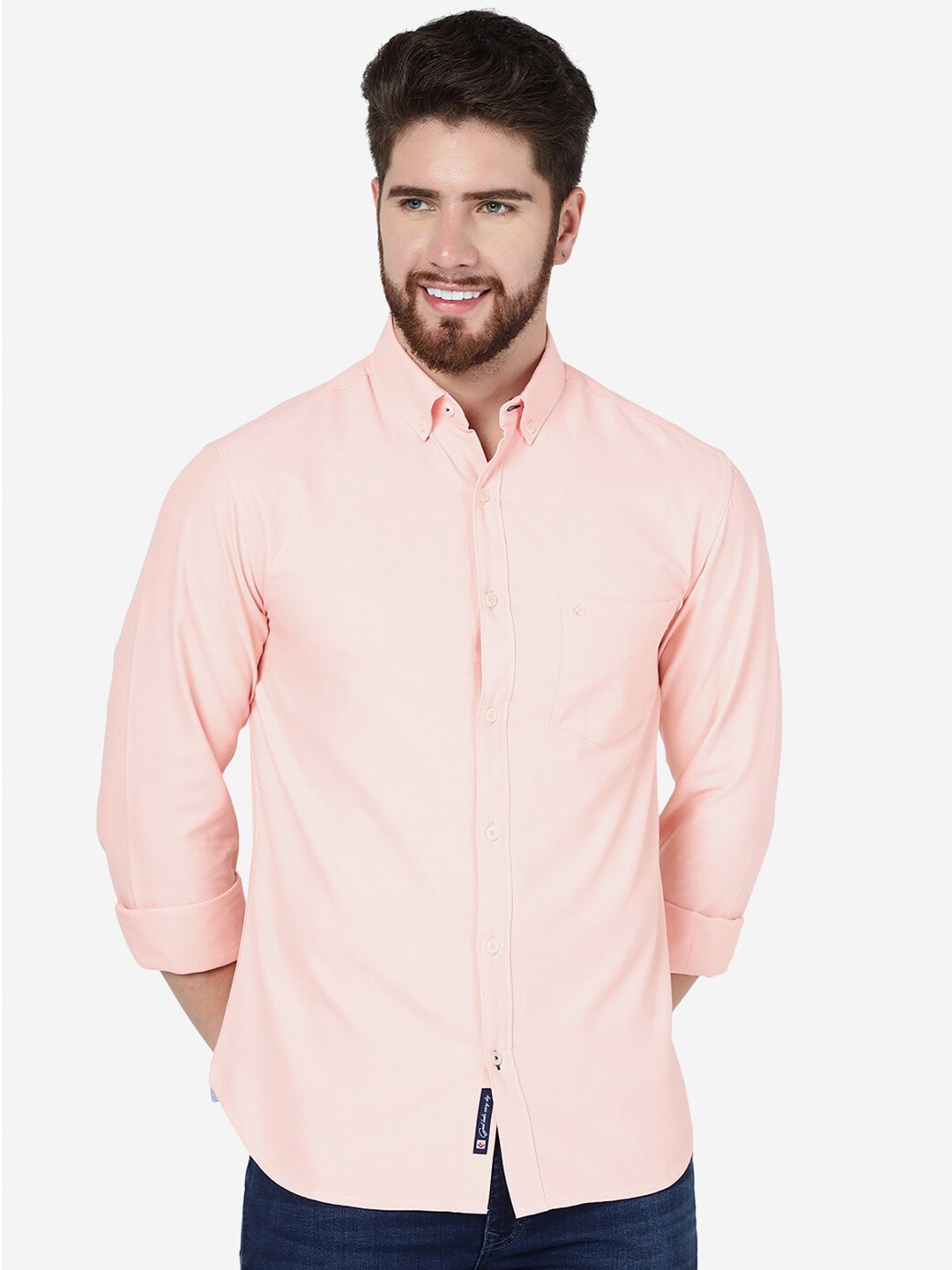 Greenfibre Button-Down Collar Long Sleeves Cotton Casual Shirt, Peach