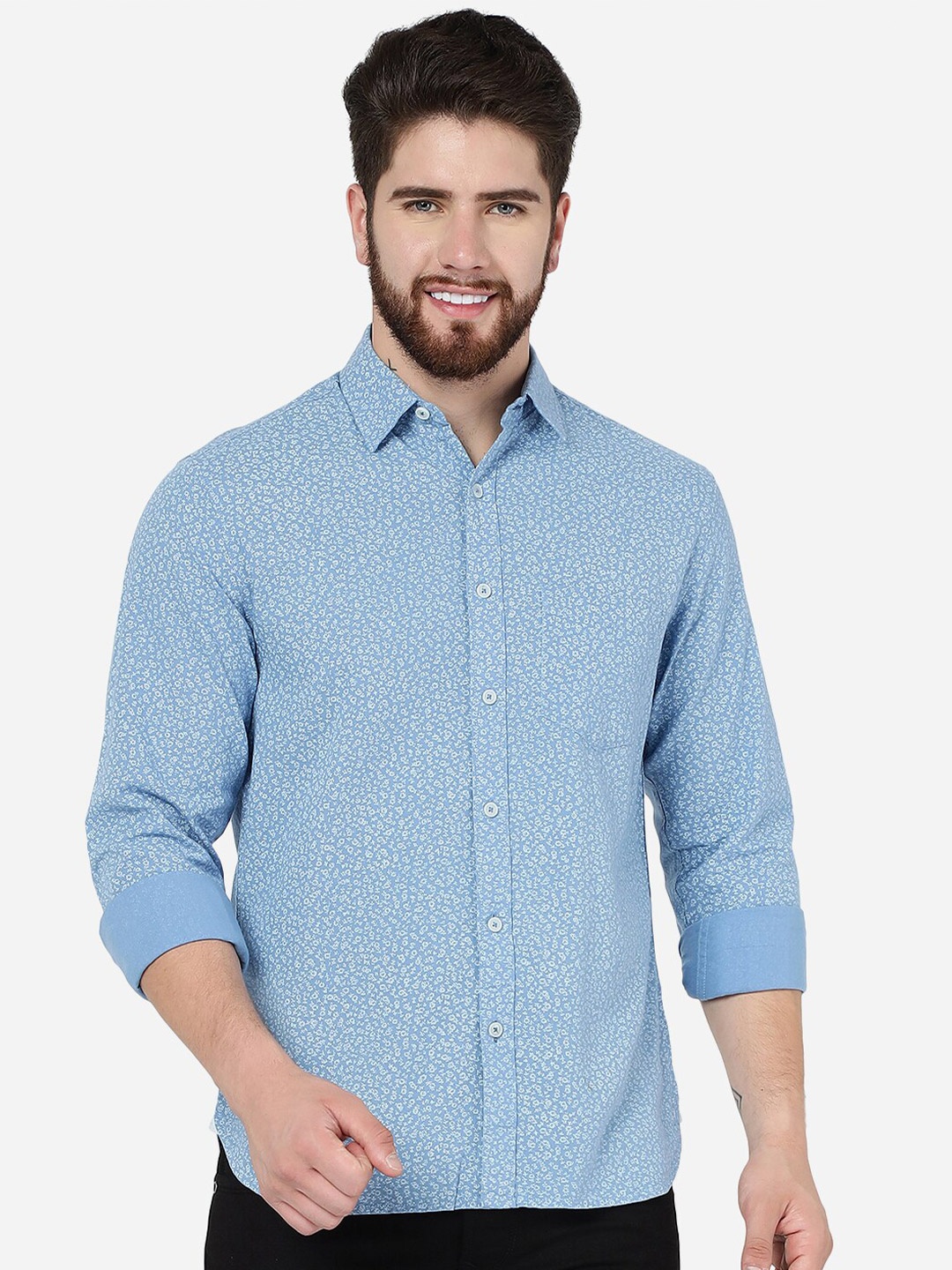 

Greenfibre Micro Ditsy Printed Long Sleeves Cotton Casual Shirt, Blue