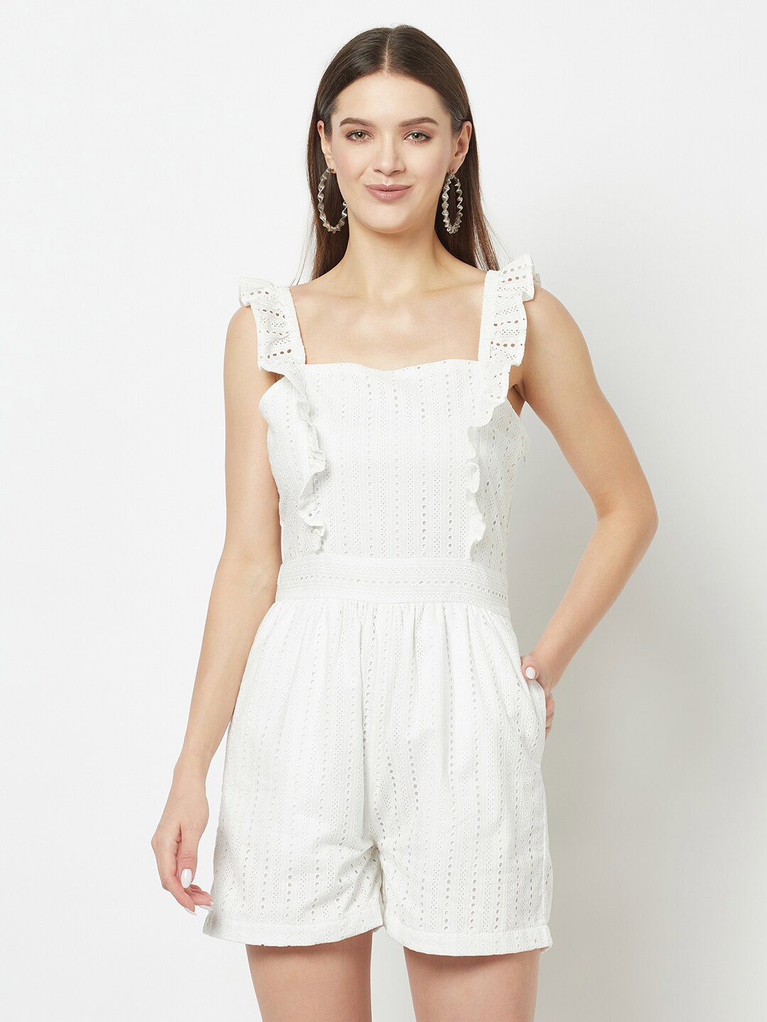 

Crimsoune Club Self Design Cotton Capri Jumpsuit With Ruffles, White