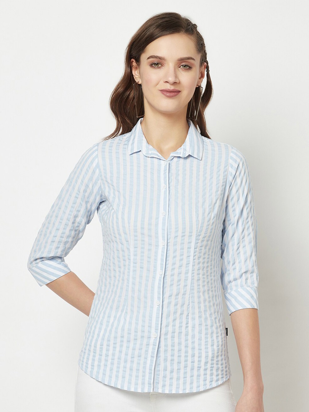 

Crimsoune Club Vertical Striped Spread Collar Slim Fit Pure Cotton Shirt, Blue