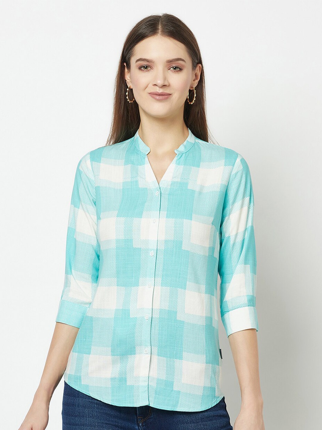 

Crimsoune Club Buffalo Checked Mandarin Collar Slim Fit Casual Shirt, Turquoise blue
