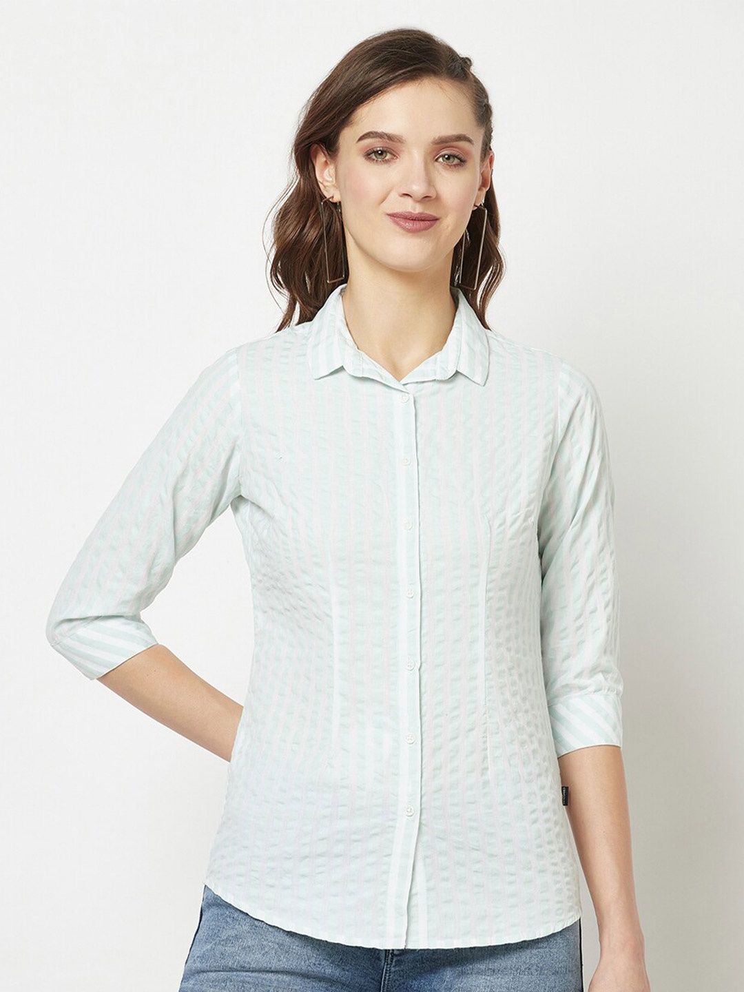 Crimsoune Club Vertical Striped Spread Collar Slim Fit Pure Cotton Shirt, Green