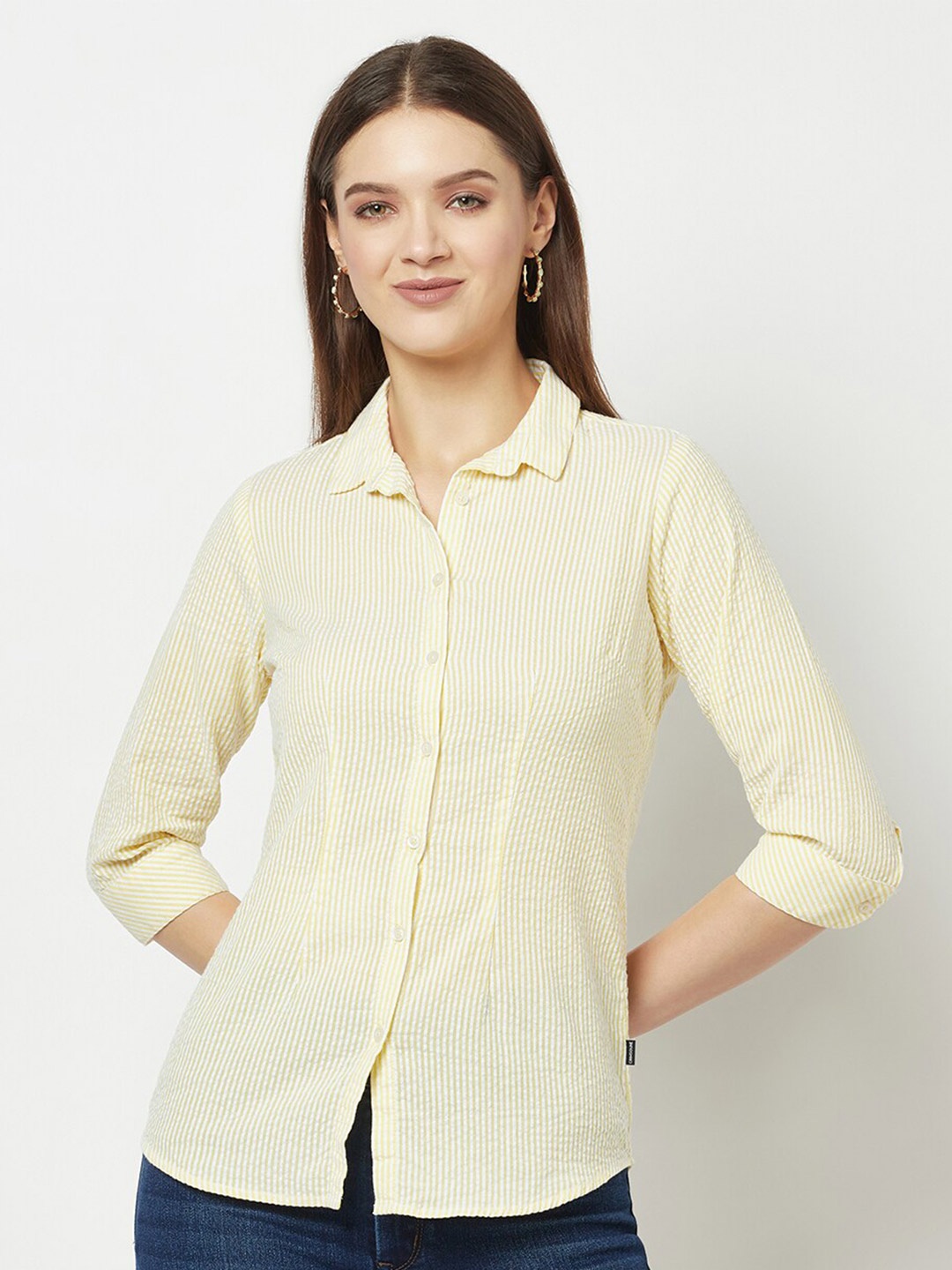 

Crimsoune Club Vertical Striped Spread Collar Slim Fit Pure Cotton Shirt, Yellow