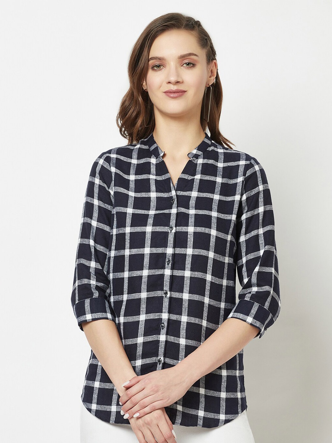 

Crimsoune Club Tartan Checked Mandarin Collar Slim Fit Casual Shirt, Navy blue