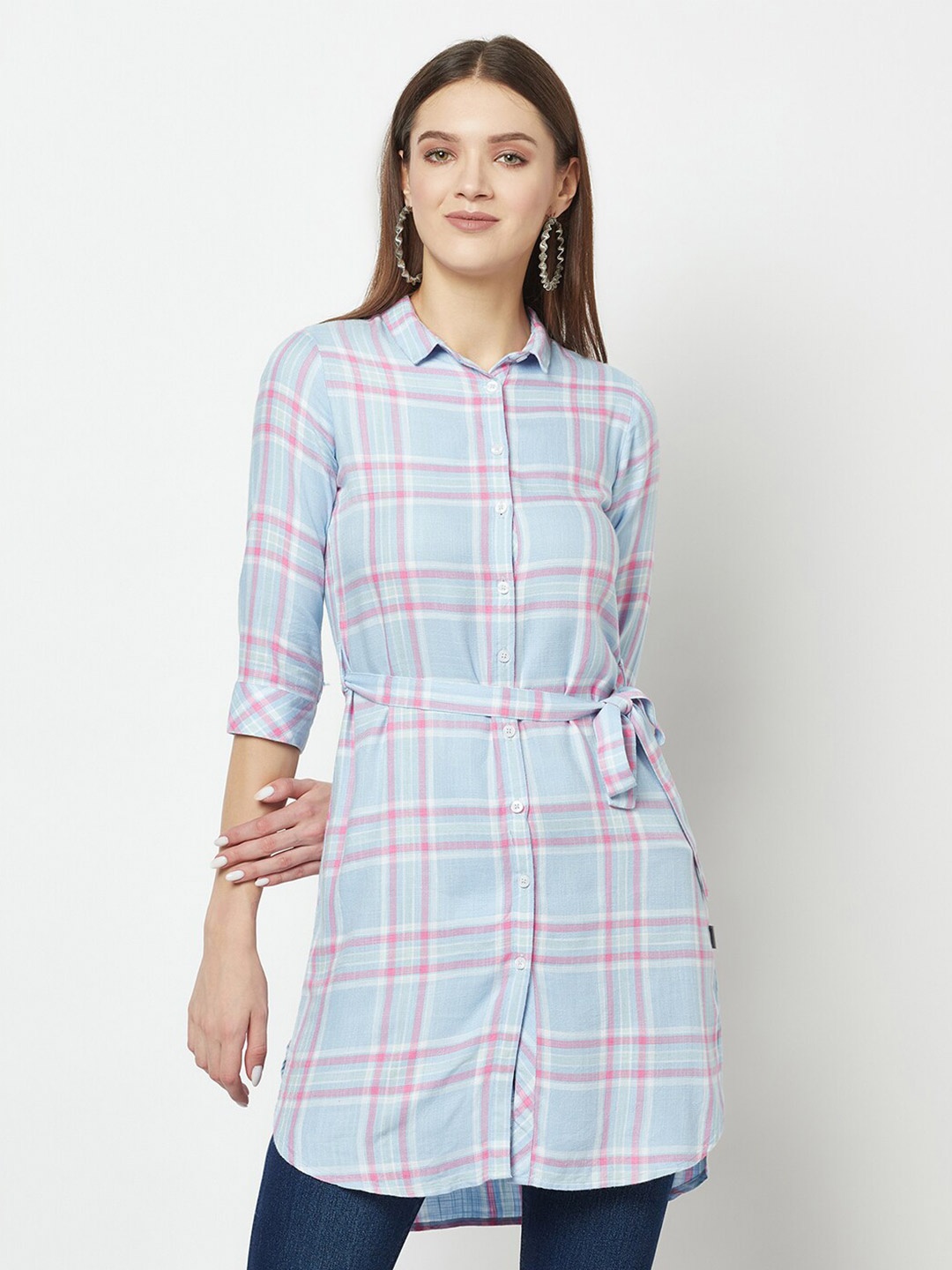 

Crimsoune Club Tartan Checked Spread Collar Longline Casual Shirt, Blue
