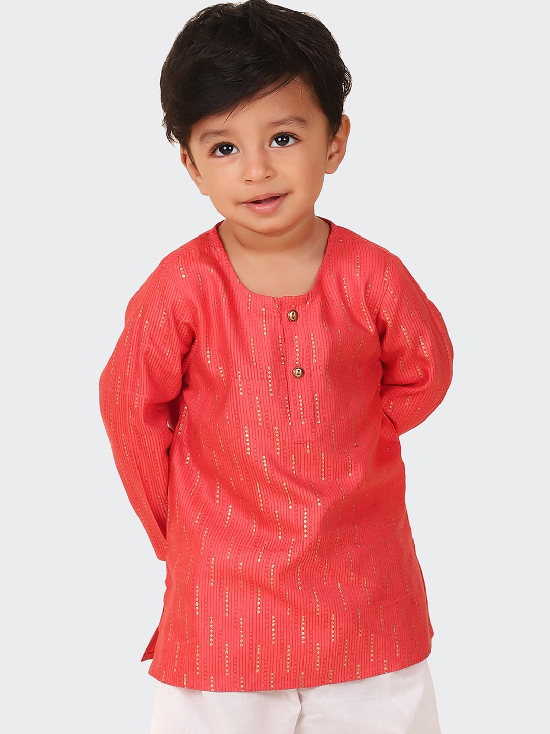 

Fabindia Boys Striped Sequined Kurta, Coral