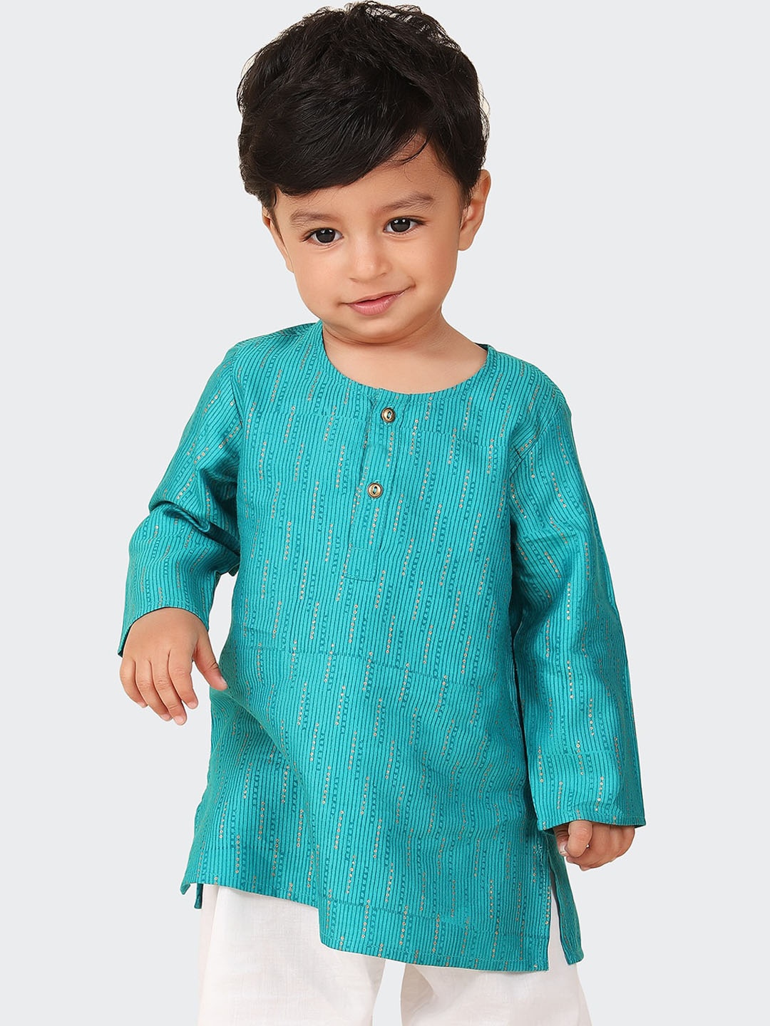 

Fabindia Boys Striped Sequined Kurta, Turquoise blue