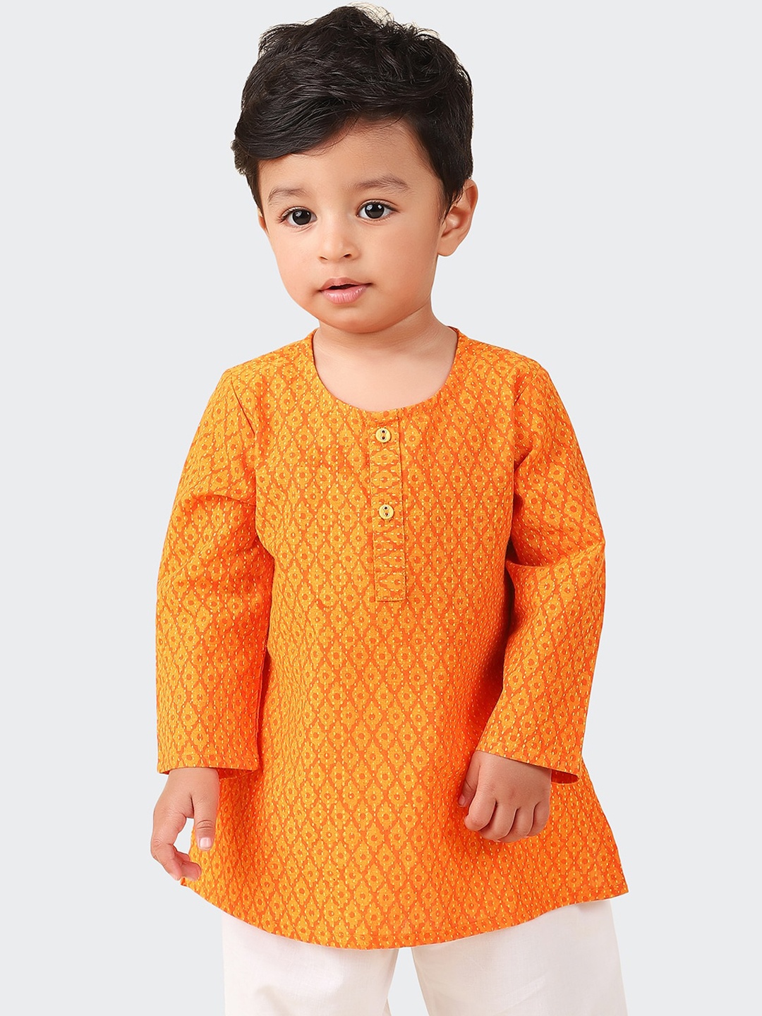 Fabindia Infants Boys Round Neck Ethnic Motifs Printed Cotton Kurta, Orange