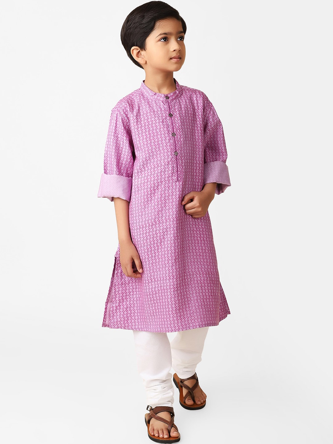 

Fabindia Boys Band Collar Geometric Printed Silk Kurta, Purple