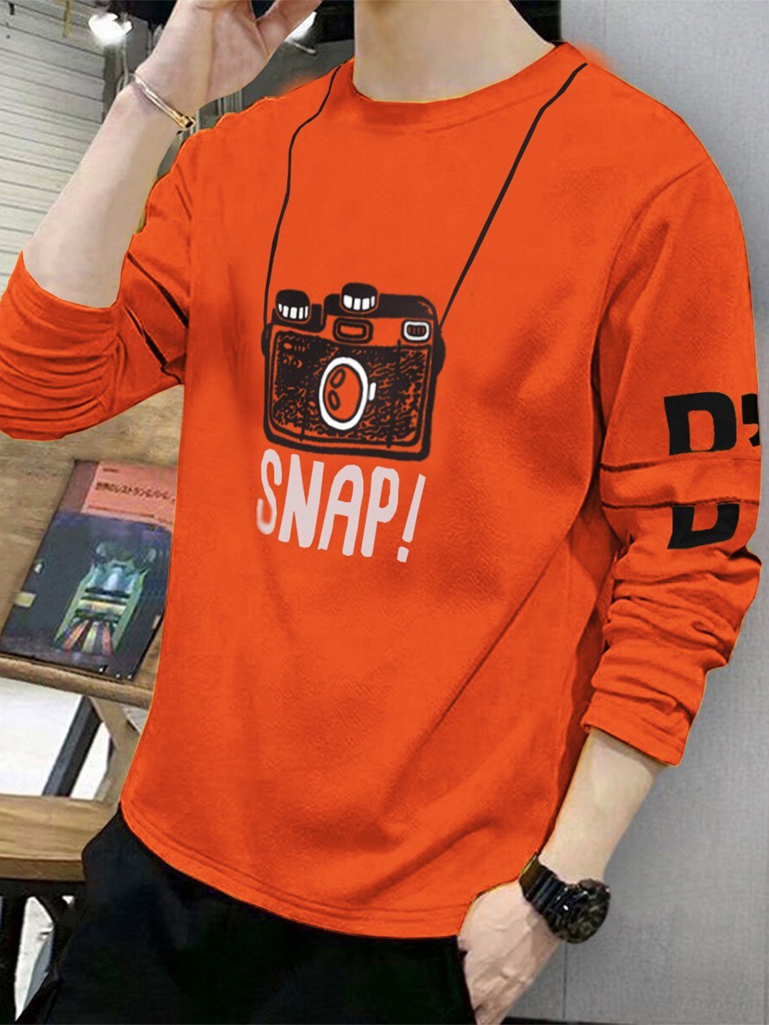 

BLIVE Graphic Printed Round Neck Long Sleeves Cotton T-shirt, Orange