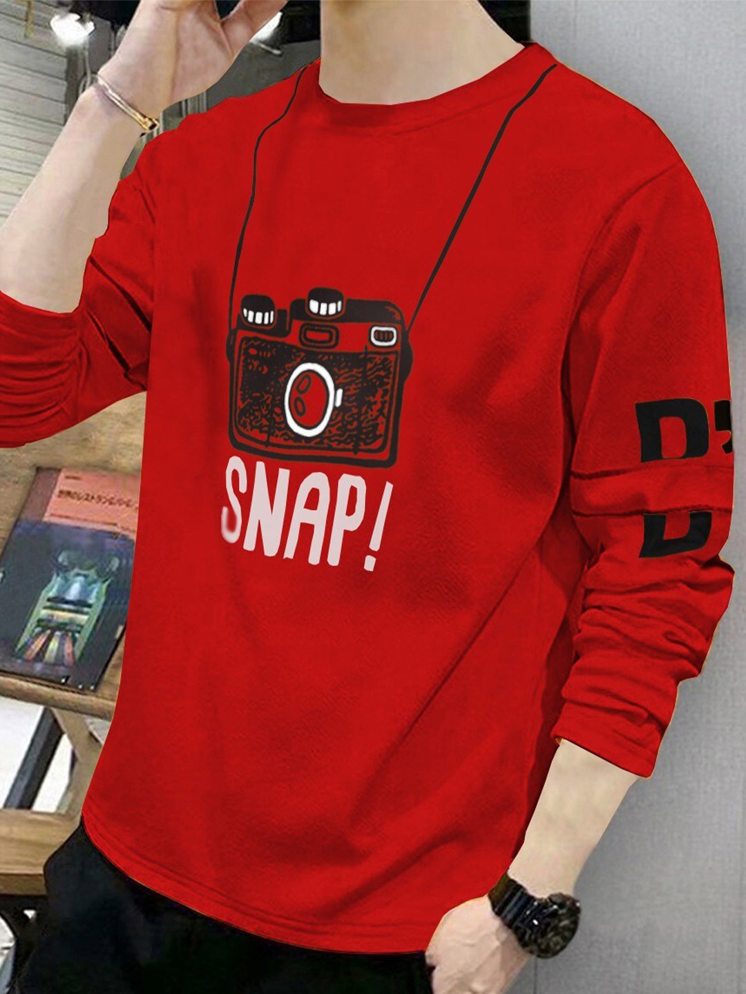 

BLIVE Graphic Printed Round Neck Long Sleeves Cotton T-shirt, Red