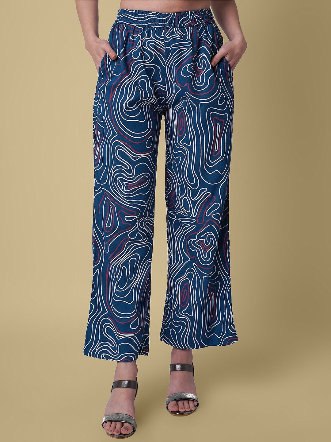 

DAEVISH Women Abstract Printed Smart Loose Fit Easy Wash Parallel Trousers, Blue