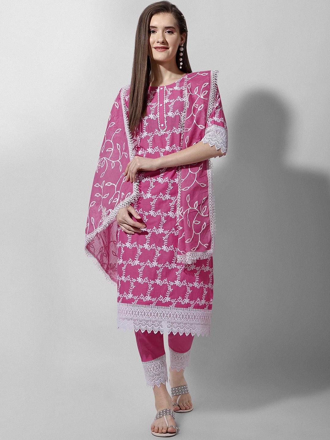 

Berrylicious Floral Embroidered Pure Cotton Kurta with Trousers & Dupatta, Pink
