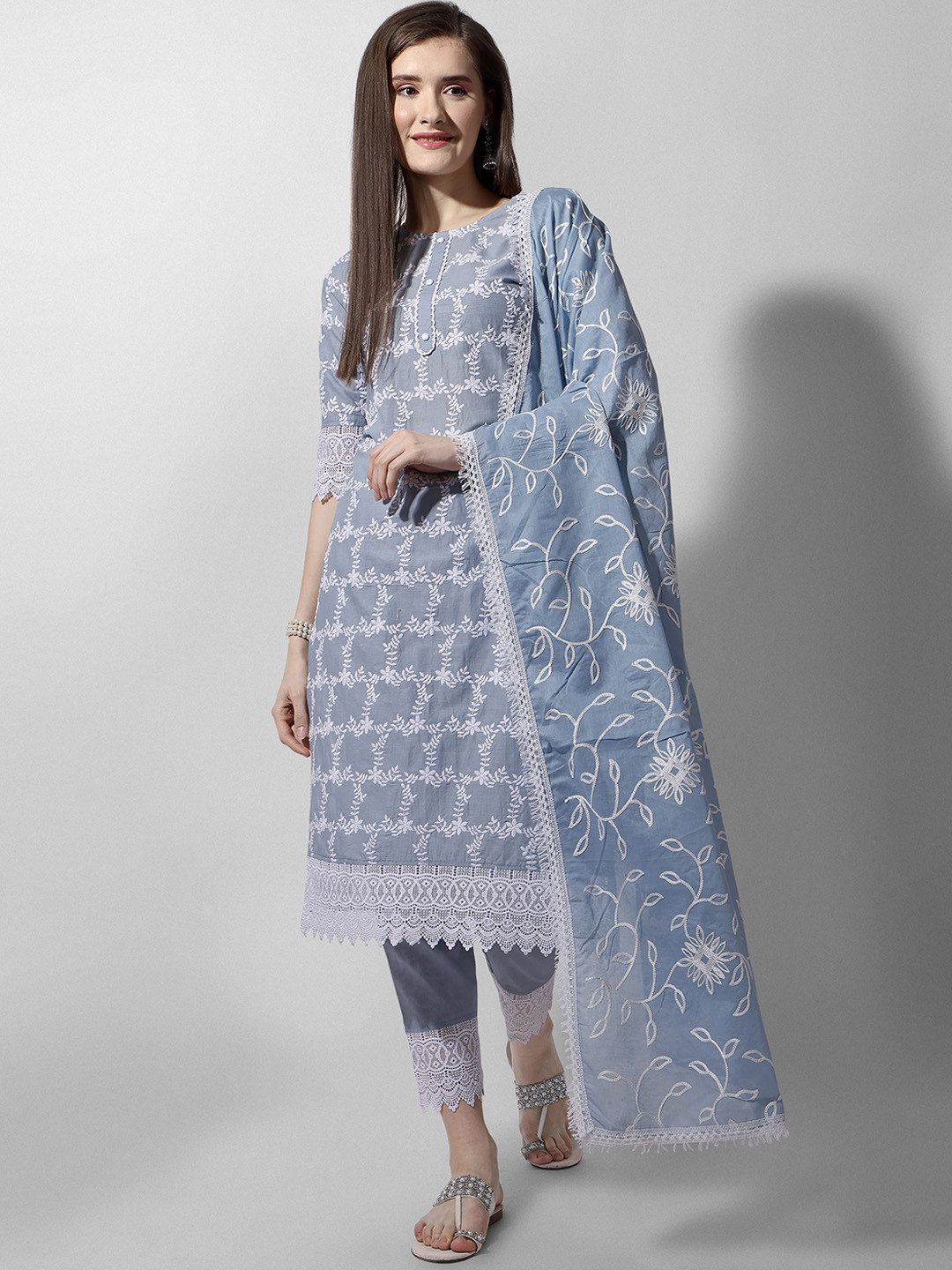 

Berrylicious Ethnic Motifs Embroidered Pure Cotton Kurta with Trousers & Dupatta, Blue