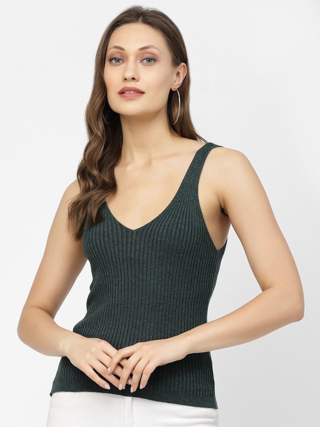 

Kalt V-Neck Sleeveless Ribbed Cotton Fitted Top, Green